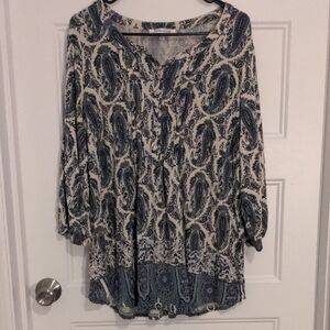 Rose + Olive Blue Paisley Boho Henley Tunic Top 1X